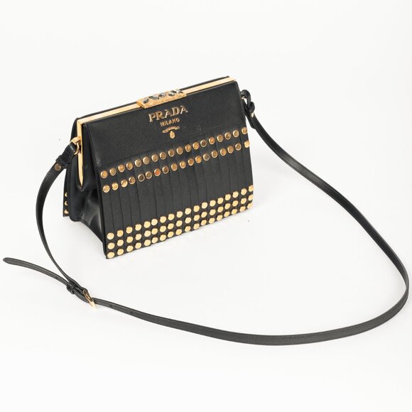 Prada Nero Saffiano Leather Studded Fringe Frame Shoulder Bag - Picture 6 of 14